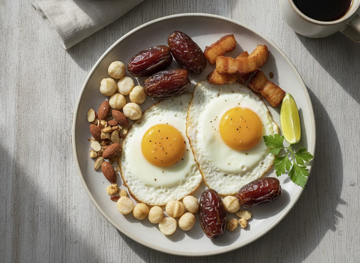 Desayuno variado con huevos fritos y frutos secos photo