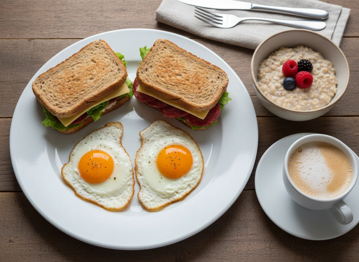 Desayuno variado con huevos fritos y sándwich photo