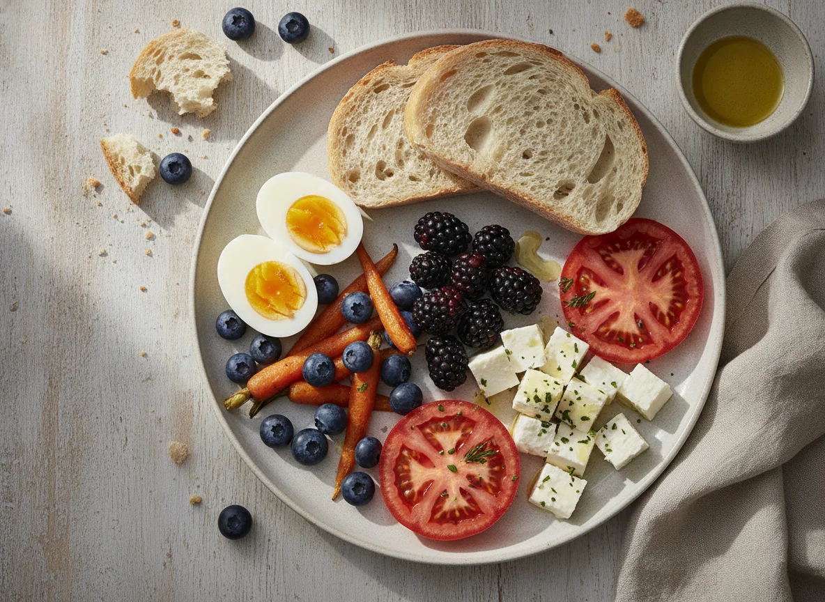 Desayuno variado con huevos, frutas y pan photo