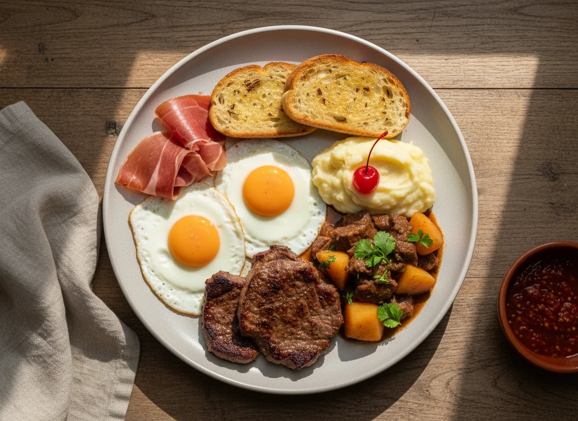 Desayuno variado con huevos, jamón y carne photo
