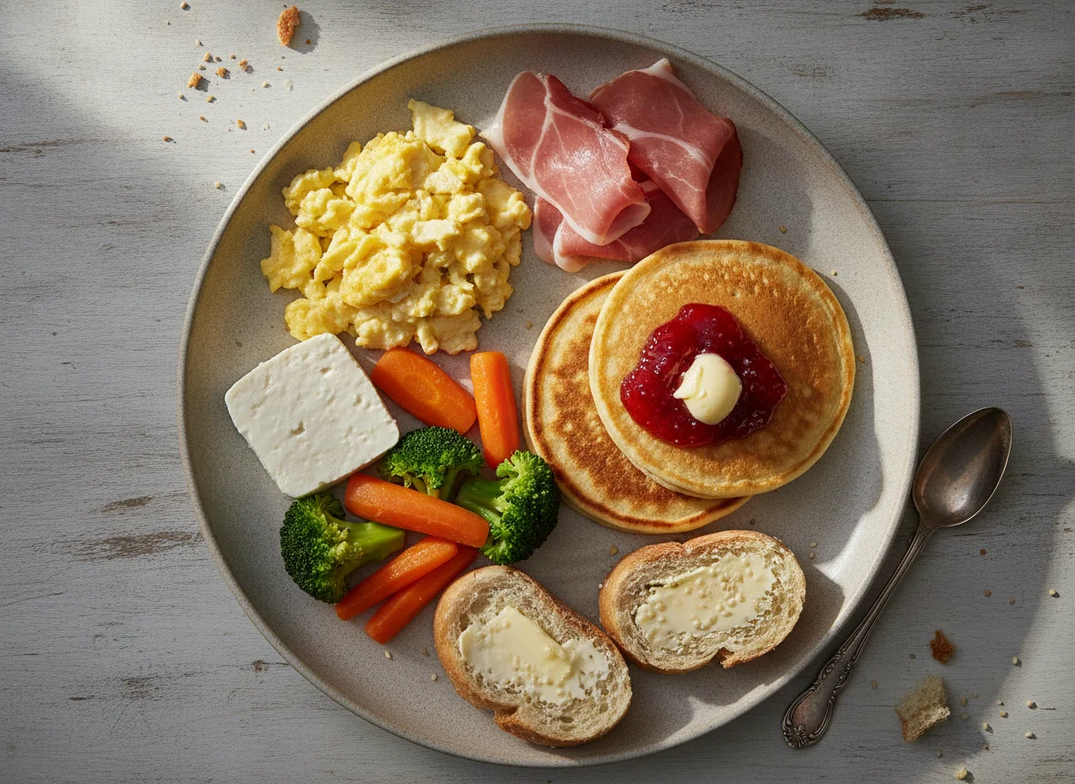 Desayuno variado con huevos, jamón y panqueques photo