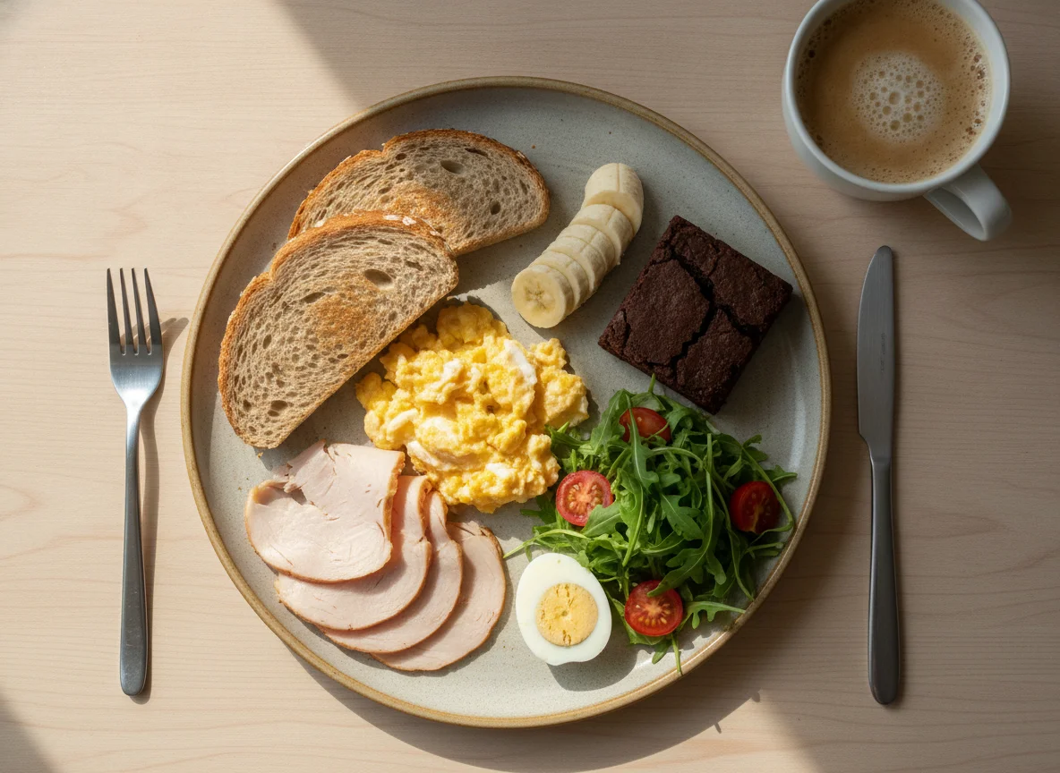 Desayuno variado con huevos revueltos, pavo, ensalada y brownie photo