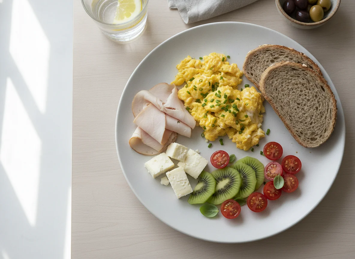 Desayuno variado con huevos revueltos, pavo, queso, pan integral y fruta photo