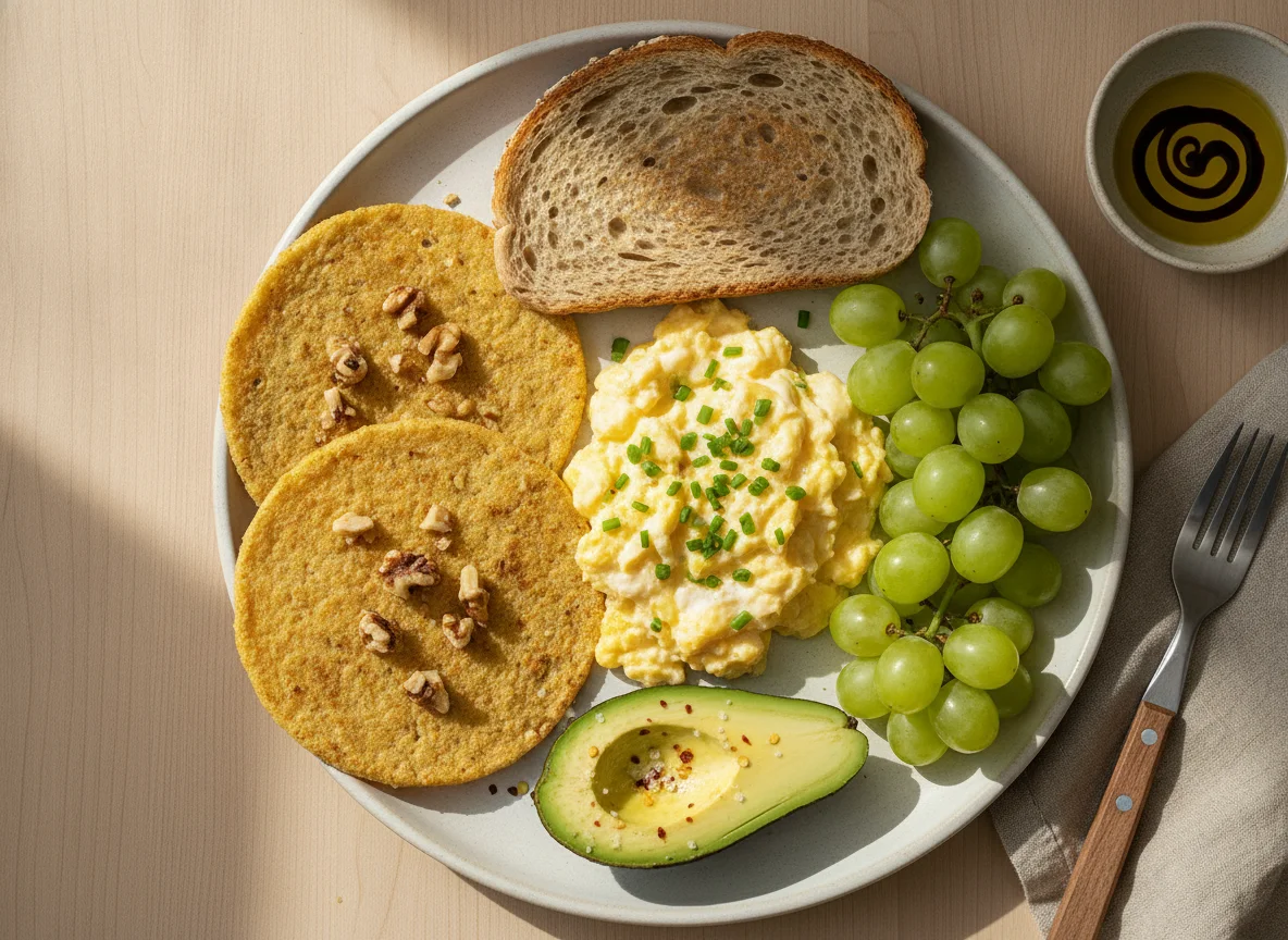 Desayuno variado con huevos revueltos, uvas y tortitas de maíz photo