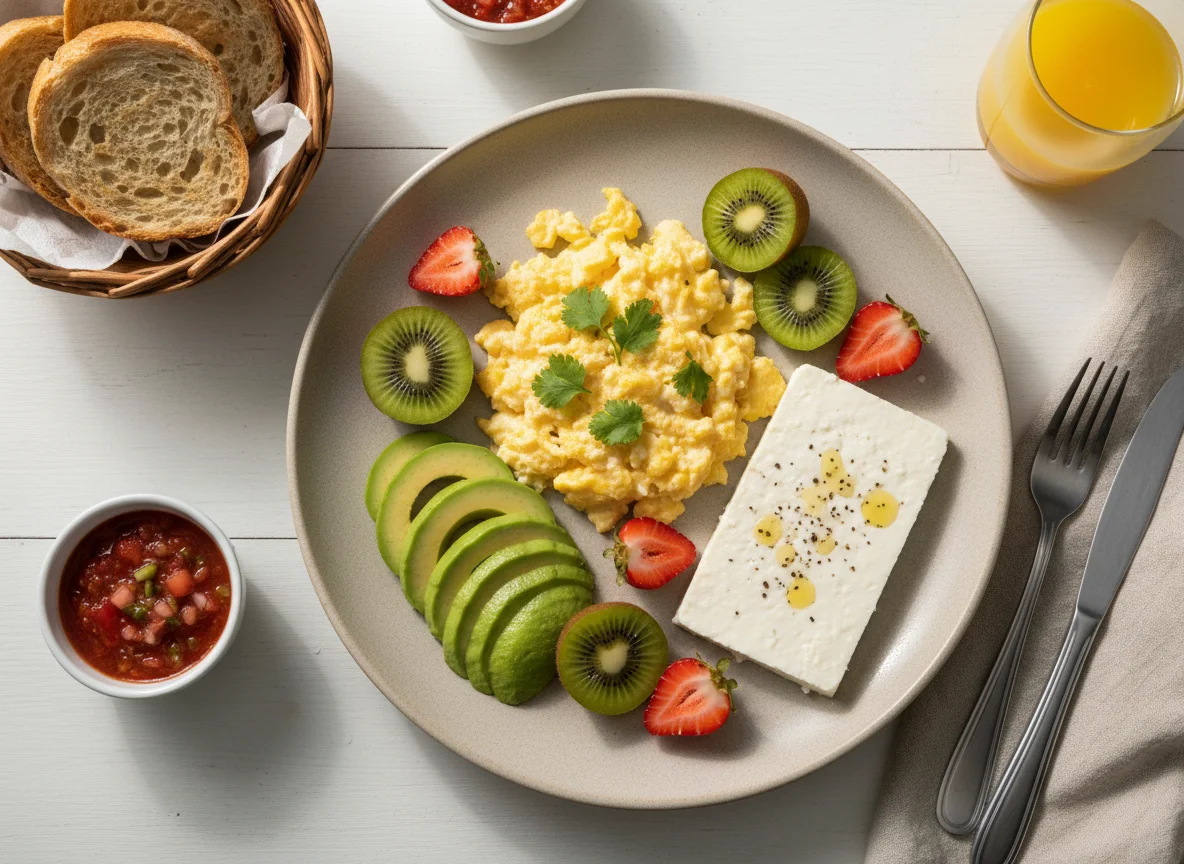 Desayuno variado con huevos revueltos y frutas photo