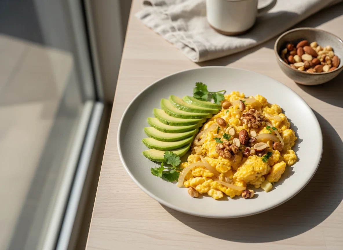 Desayuno variado con huevos revueltos y frutos secos photo