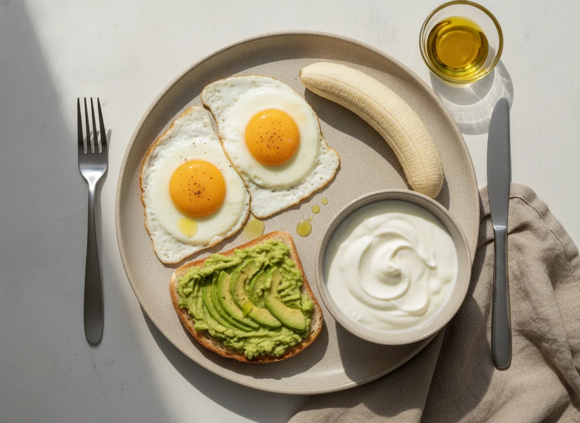 Desayuno variado con huevos, tostadas de aguacate, plátano y yogur photo