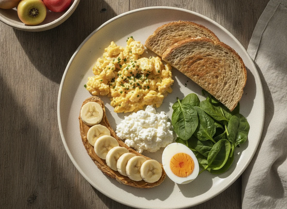 Desayuno variado con huevos y pan tostado photo