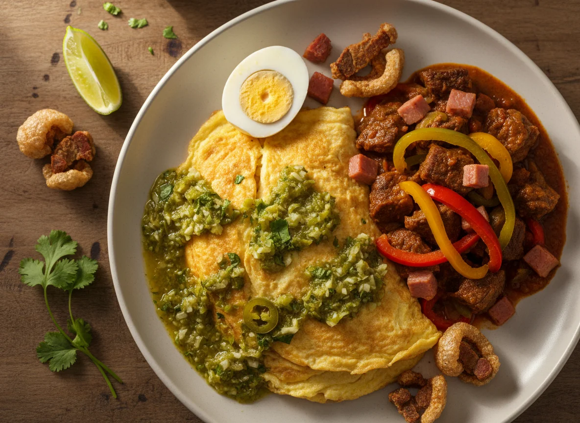 Desayuno variado con omelette y guisado photo
