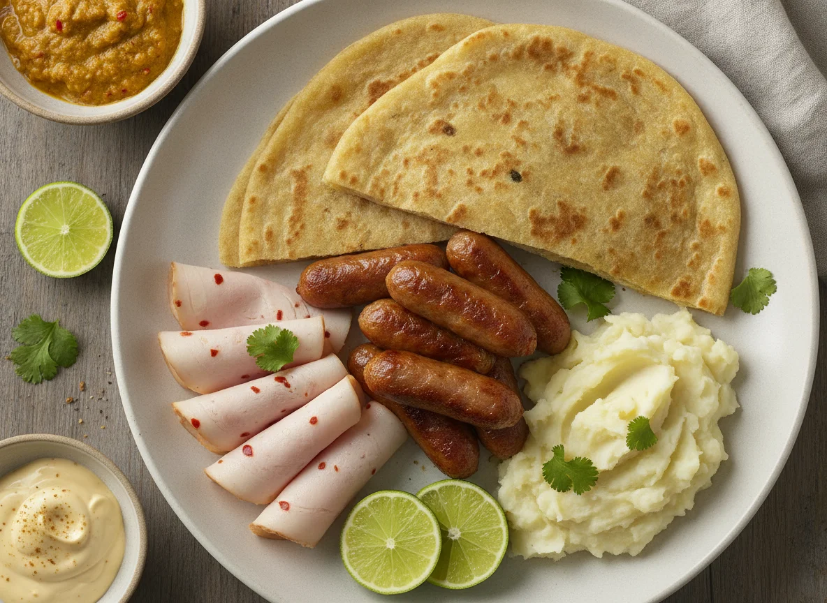 Desayuno variado con salchichas, pan plano y embutidos photo
