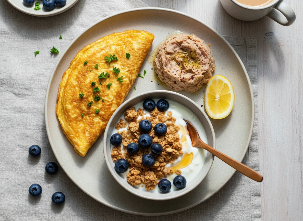 Desayuno variado con tortilla, atún y yogur con arándanos photo