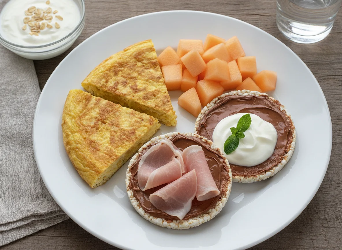Desayuno variado con tortilla, tortitas de arroz y fruta con yogur photo