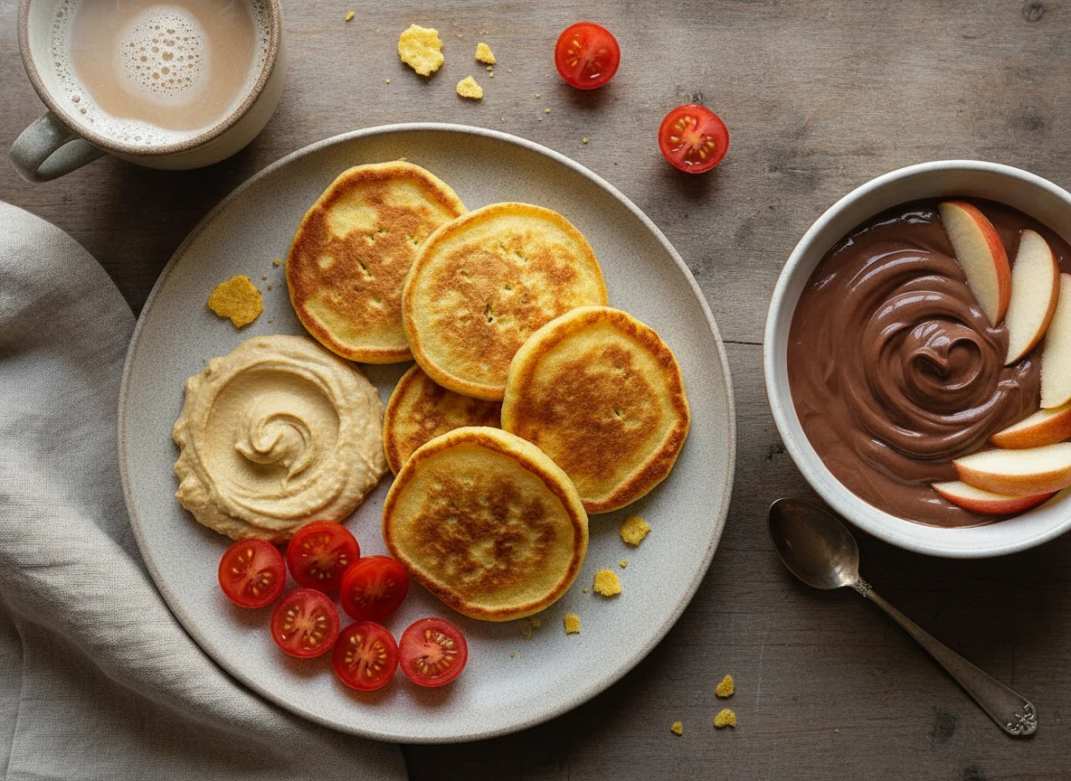 Desayuno variado con tortitas de maíz, yogur con fruta y café photo