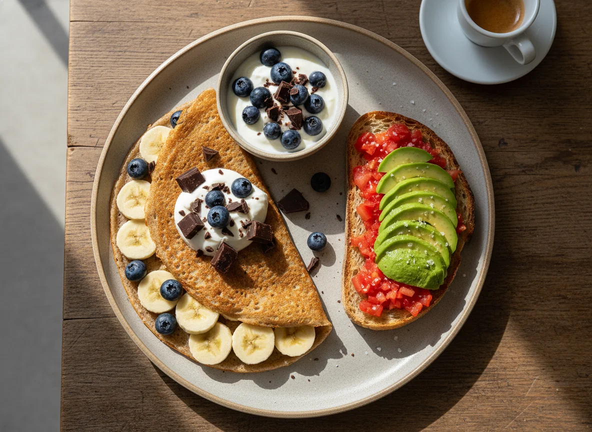 Desayuno variado con tostada y crepe de frutas photo
