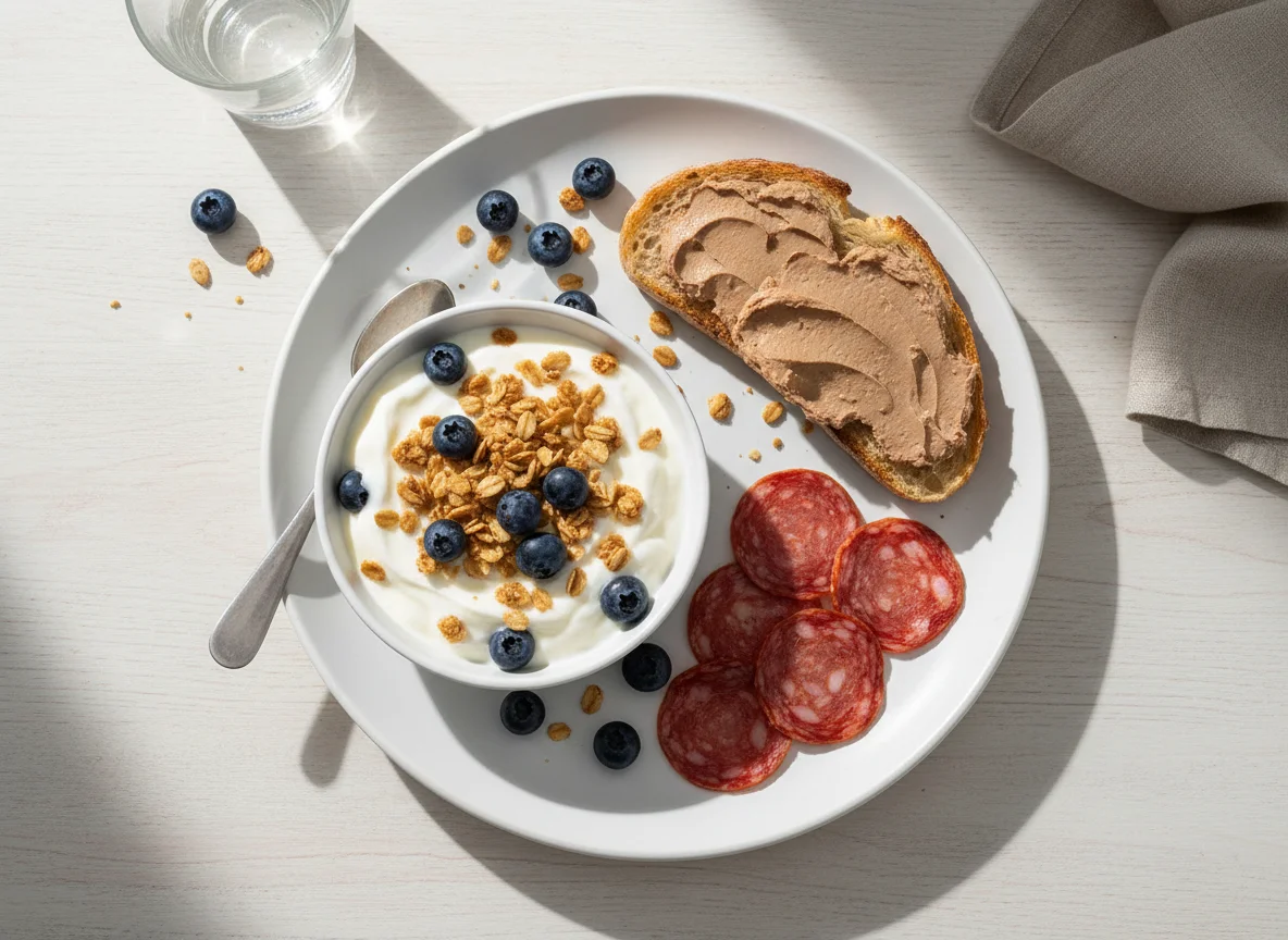 Desayuno variado con tostadas de paté y yogur con frutas photo