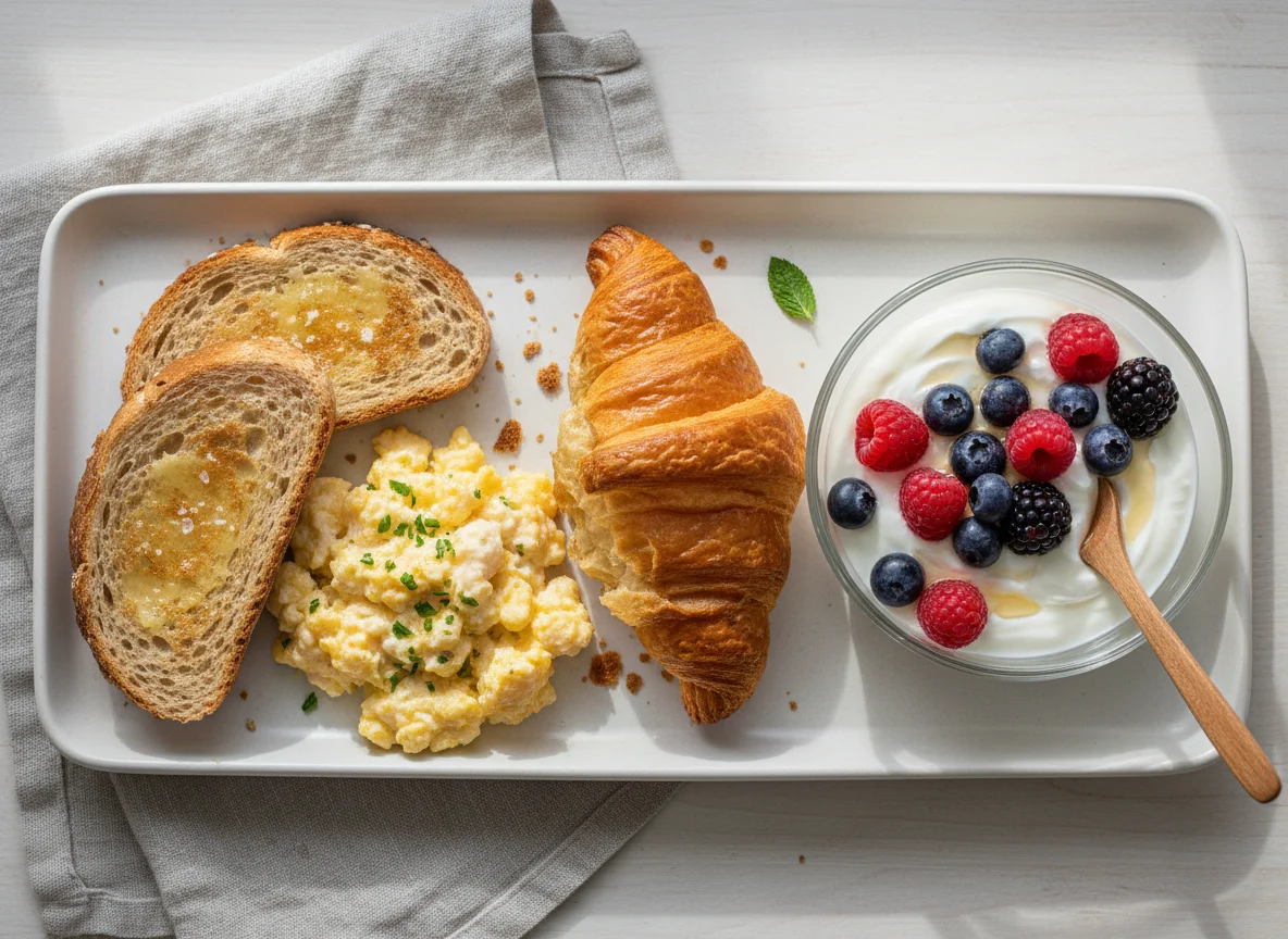 Desayuno variado con tostadas, huevo, croissant y yogur con frutos rojos photo