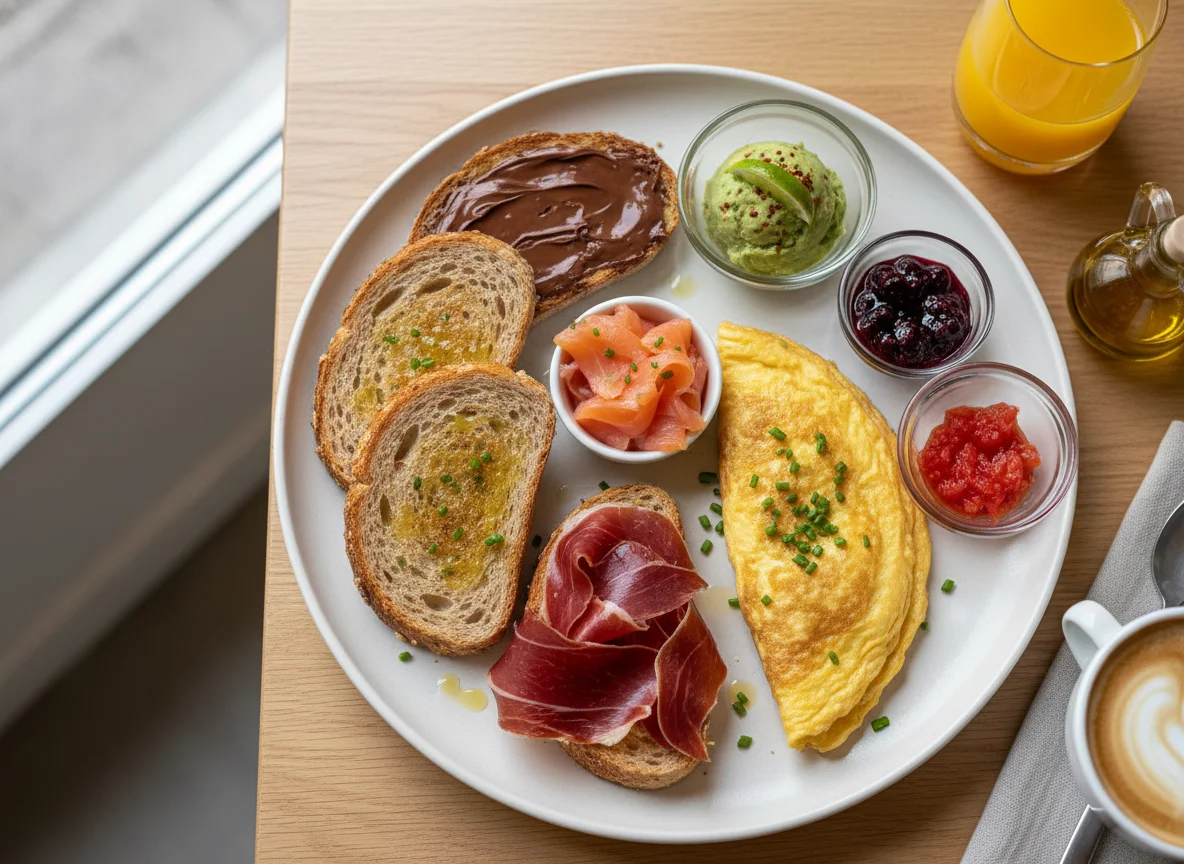 Desayuno variado con tostadas y jamón photo