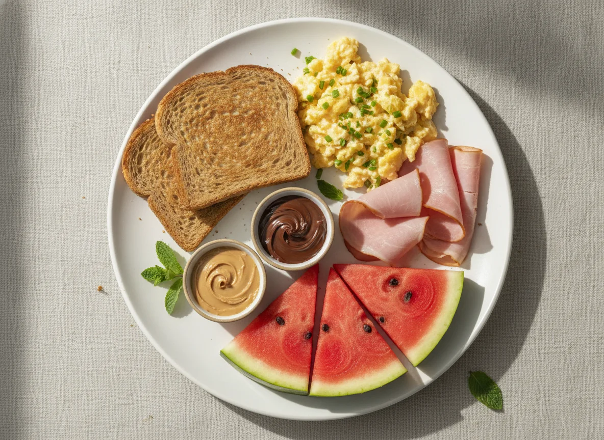 Desayuno variado con tostadas y sandía photo