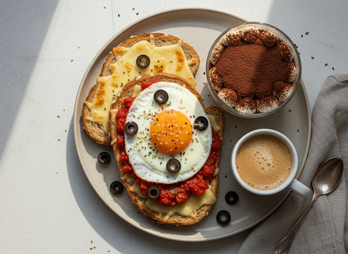 Desayuno variado con tostadas y tiramisú saludable photo