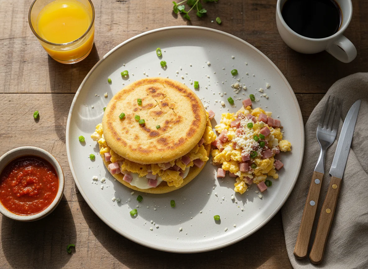 Desayuno venezolano con arepa, huevos revueltos con jamón y queso photo