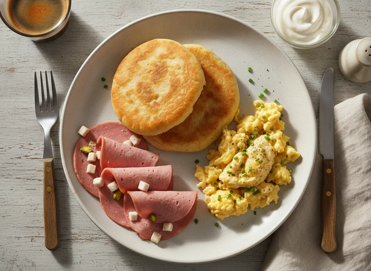Desayuno venezolano con arepa, huevos revueltos y mortadela photo