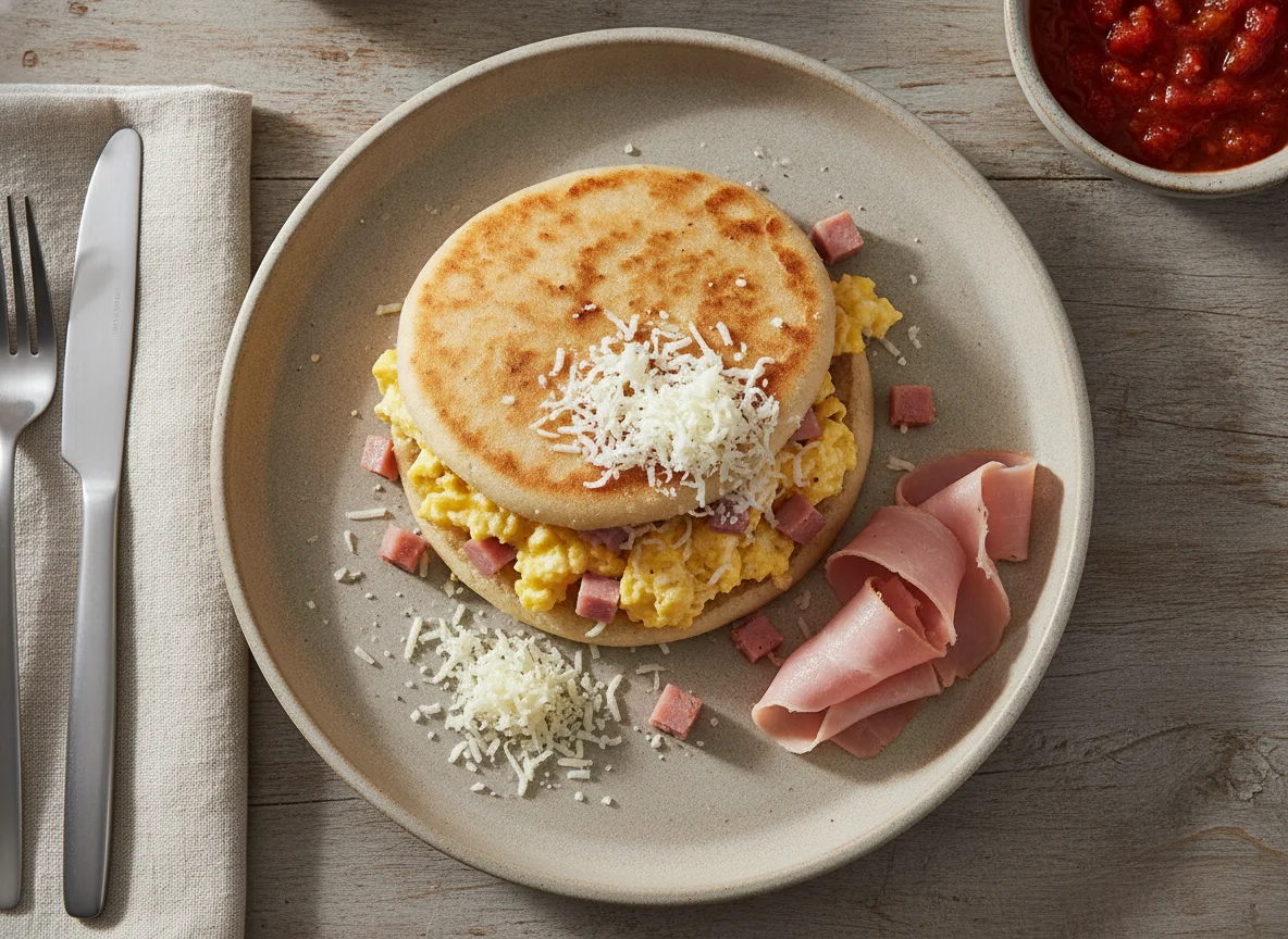 Desayuno venezolano con arepa, huevos revueltos y queso photo