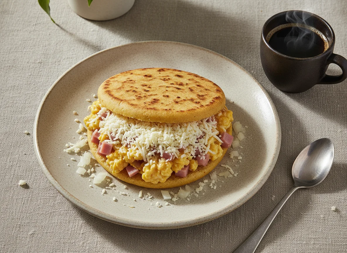 Desayuno venezolano con arepa y huevos revueltos photo