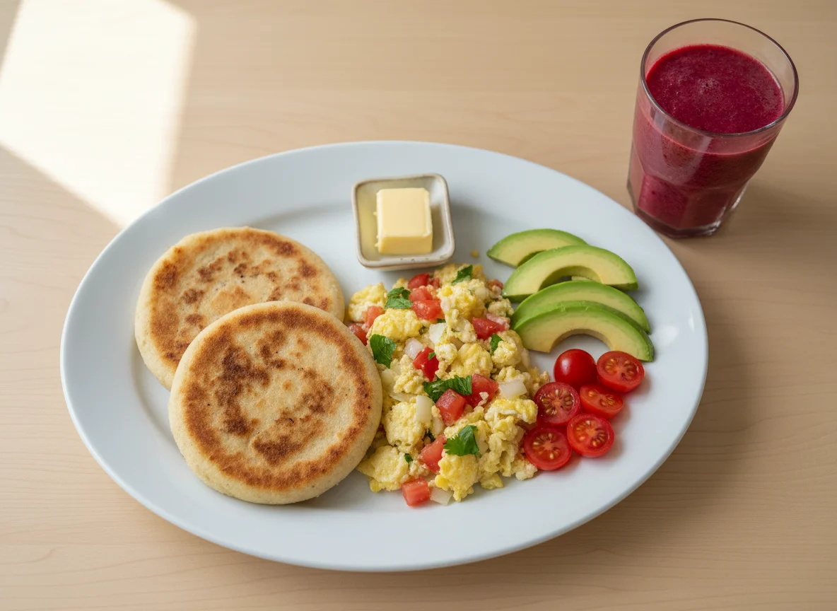 Desayuno venezolano con arepas y revoltillo photo