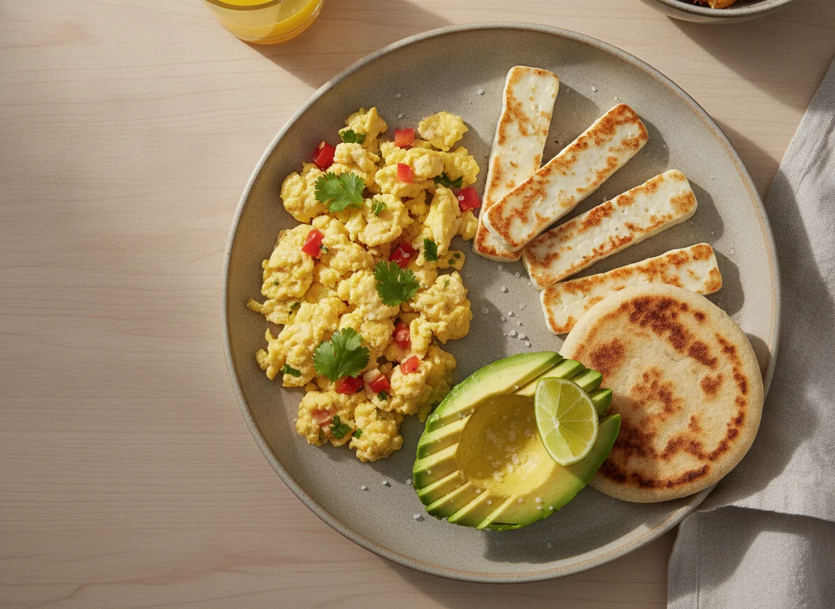 Desayuno venezolano con huevos, queso y aguacate photo