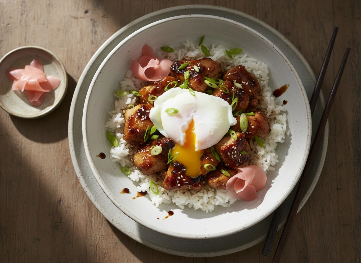 Donburi de pollo teriyaki con huevo y jengibre photo