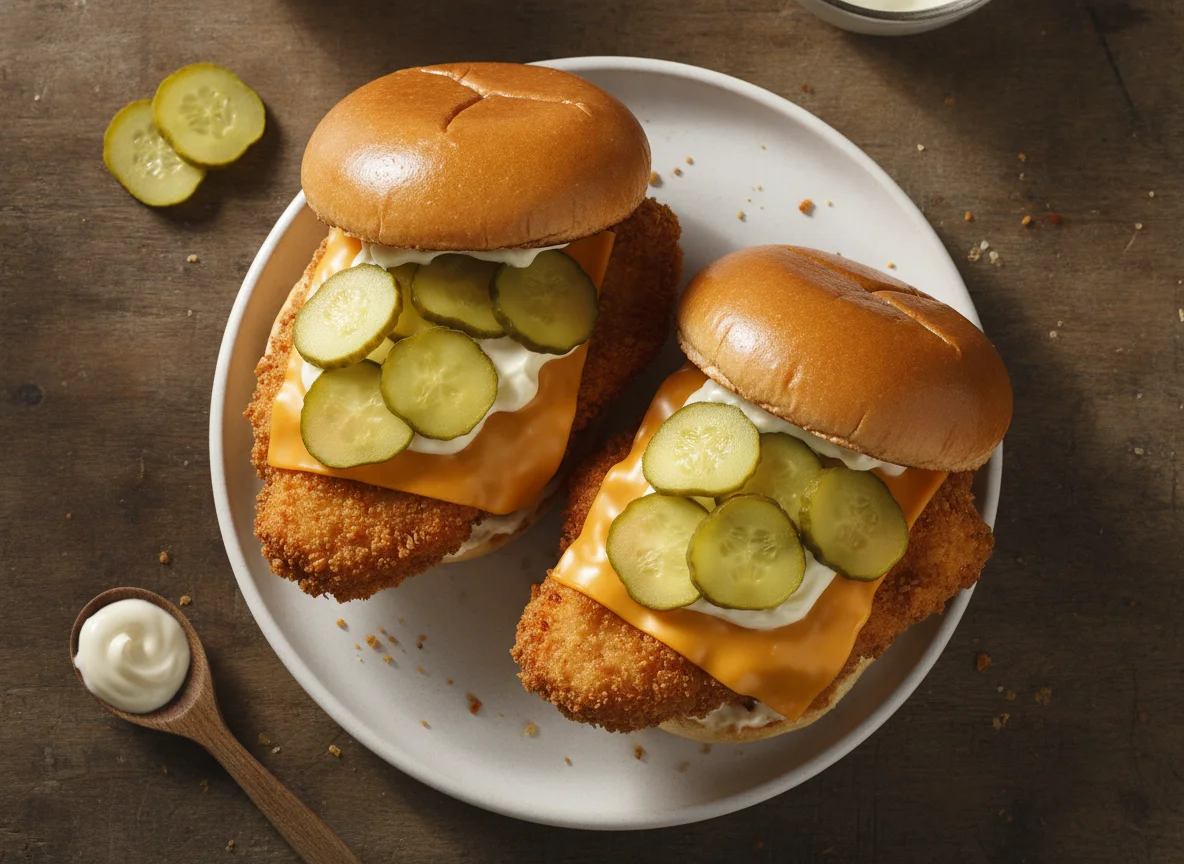 Dos hamburguesas de pollo con queso y pepinillos photo