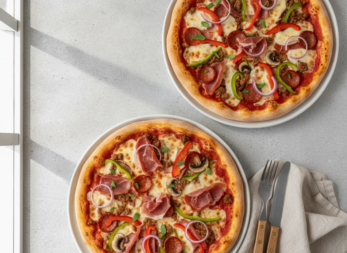 Dos pizzas supremas bajas en grasa photo