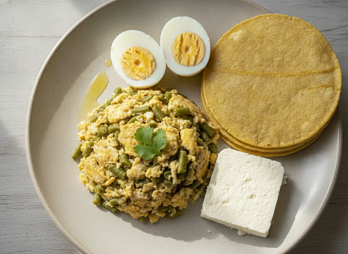 Ejotes con huevo, tortilla, queso y huevos duros photo