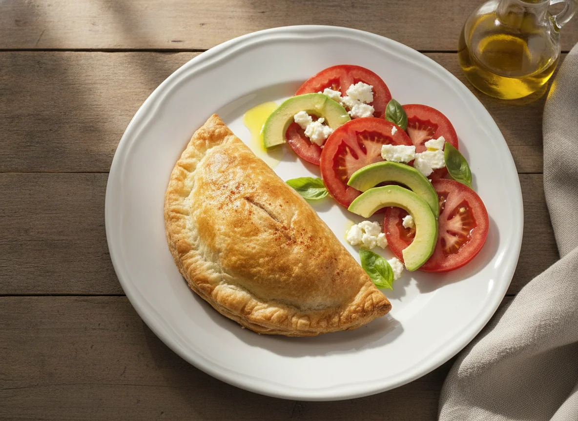 Empanada de hojaldre con ensalada de tomate, aguacate y queso photo