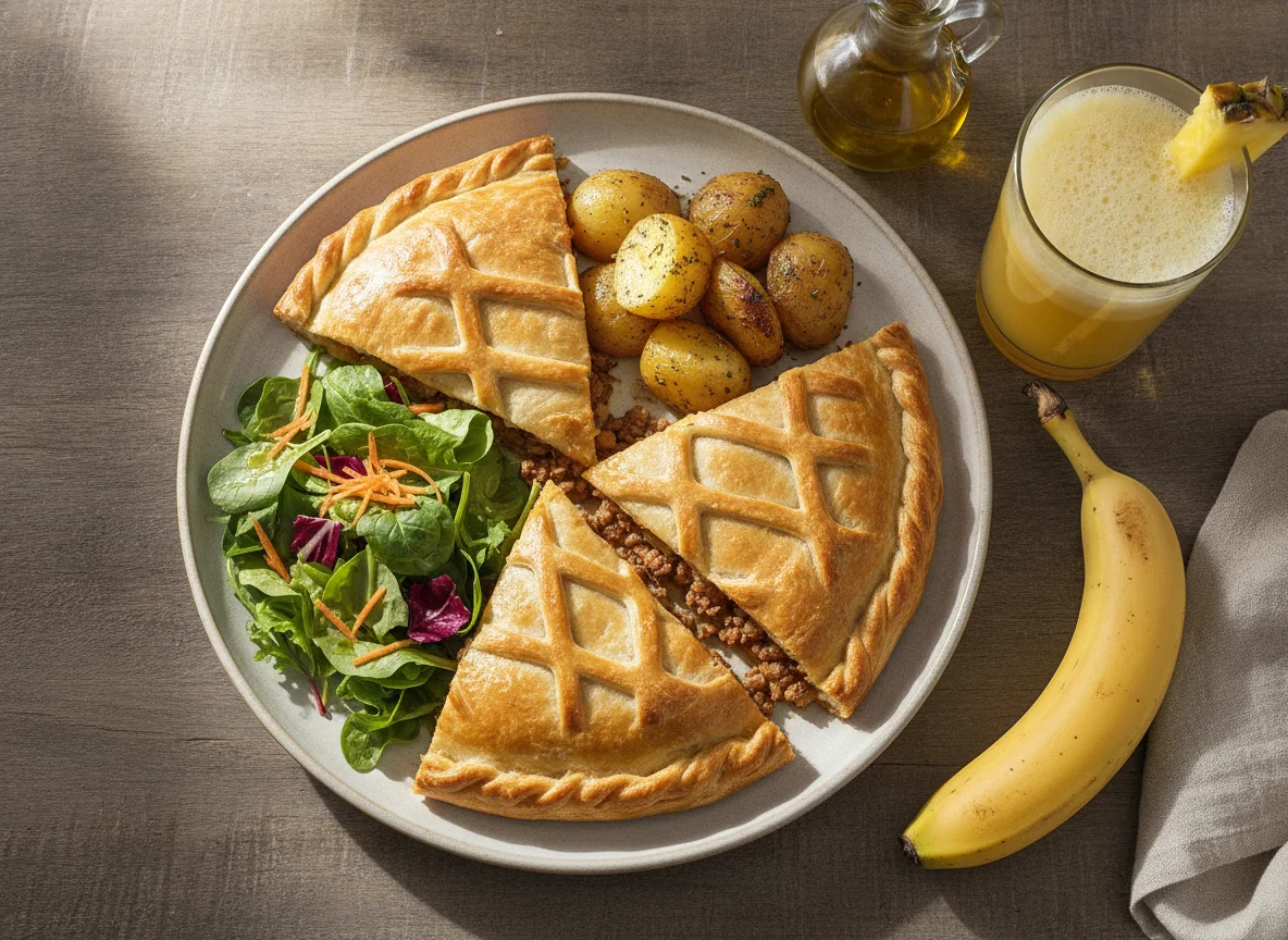 Empanada gallega con patatas asadas, ensalada, plátano y zumo de piña photo