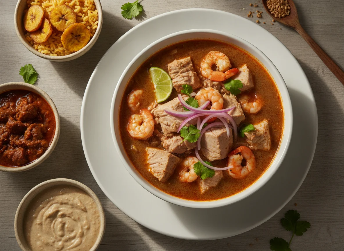 Encebollado de albacora con arroz y acompañantes photo