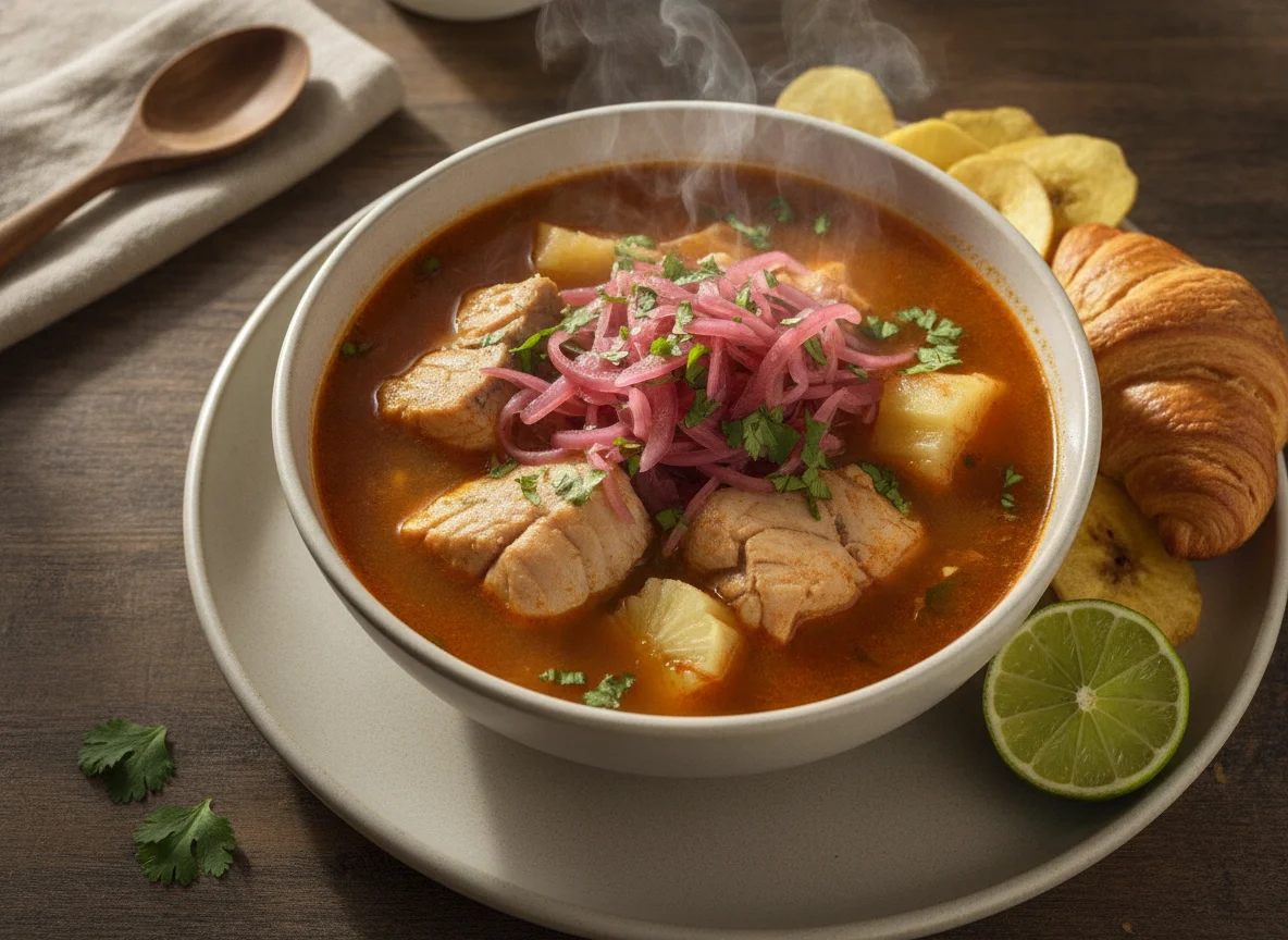 Encebollado de pescado con acompañantes photo