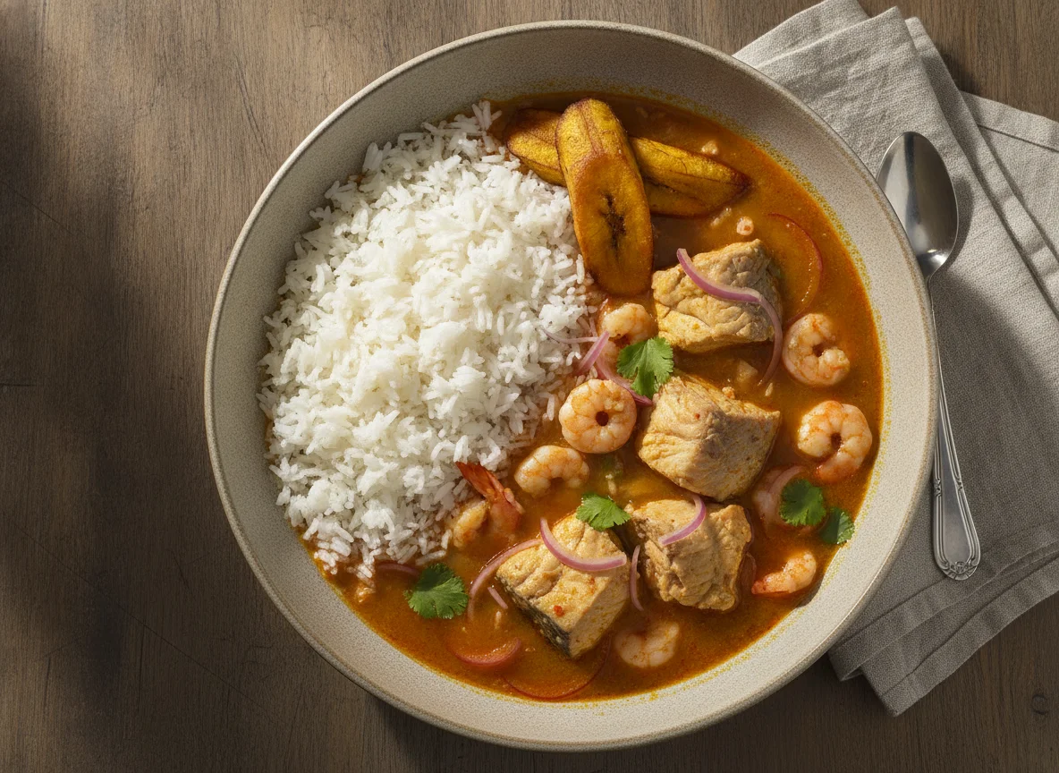 Encebollado de pescado con arroz y plátano maduro photo