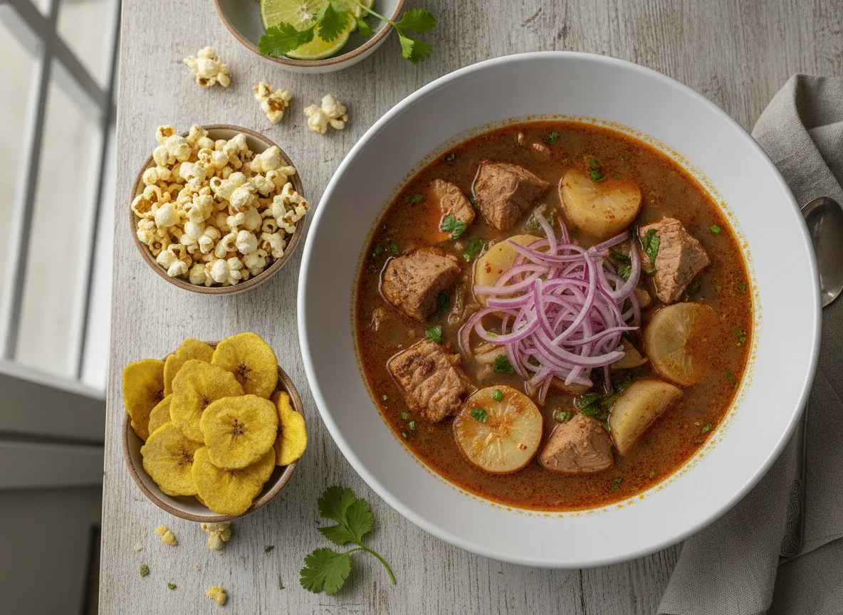 Encebollado de pescado con canguil y chifles photo