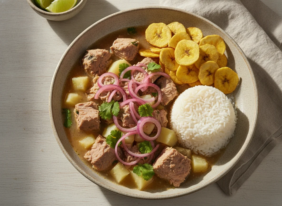 Encebollado de pescado con chifles y arroz photo