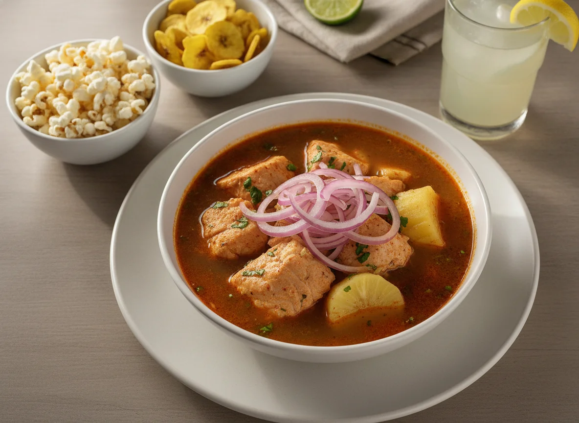 Encebollado de pescado con guarniciones y jugo photo