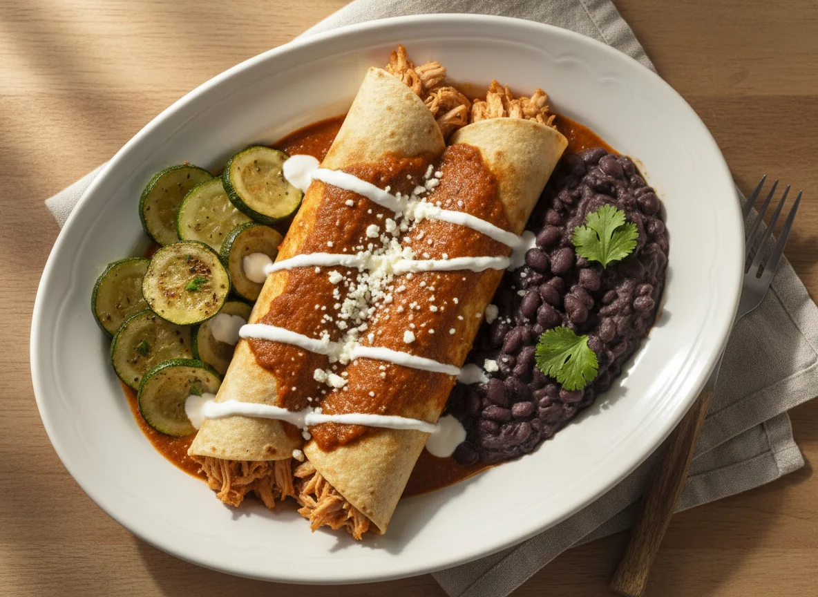 Enchilada de pollo con calabacitas y frijoles photo