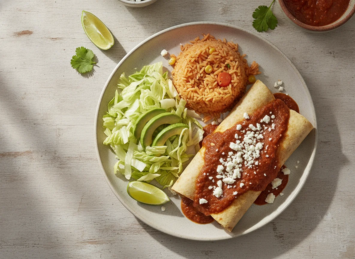 Enchiladas con arroz y ensalada photo