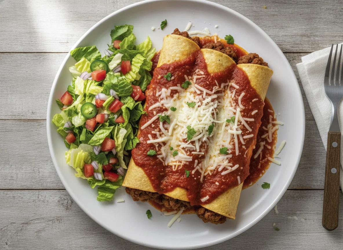 Enchiladas con carne molida y ensalada photo