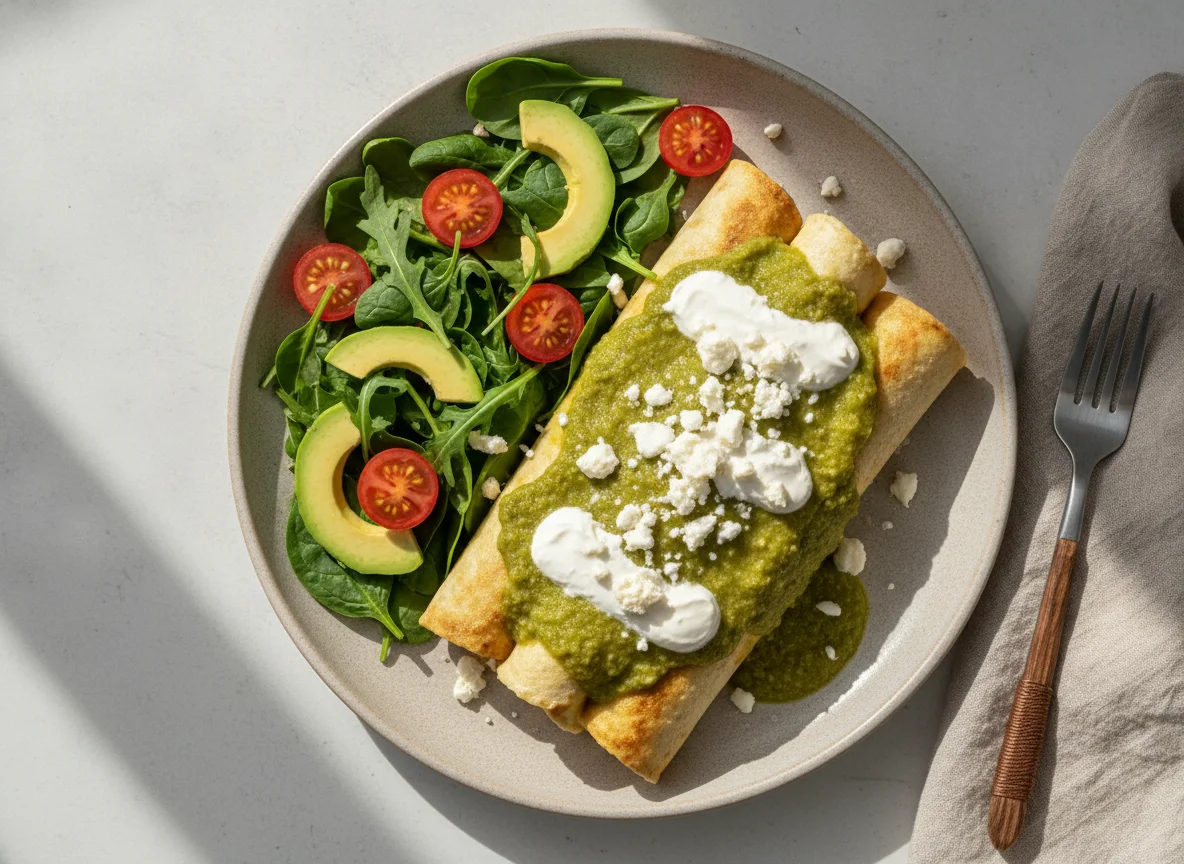 Enchiladas con ensalada y aguacate photo