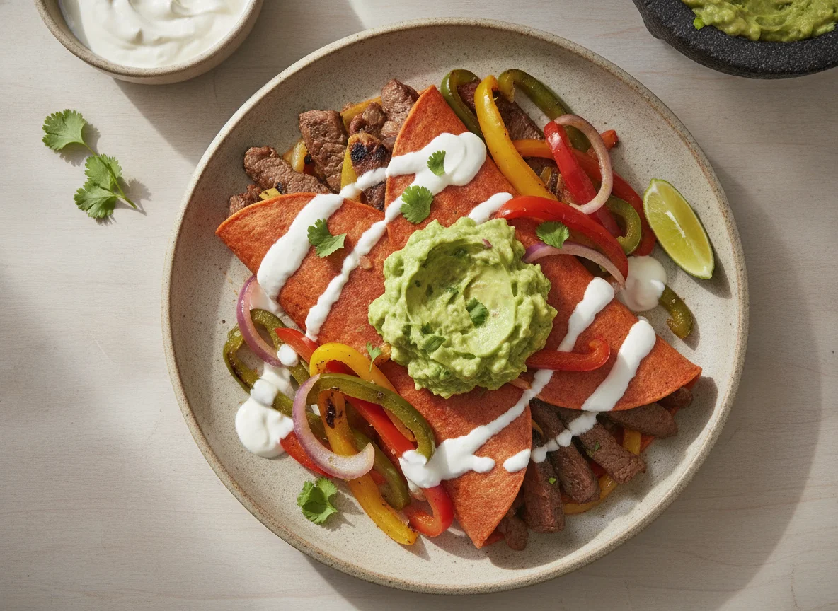 Enchiladas con fajitas de res y guacamole photo