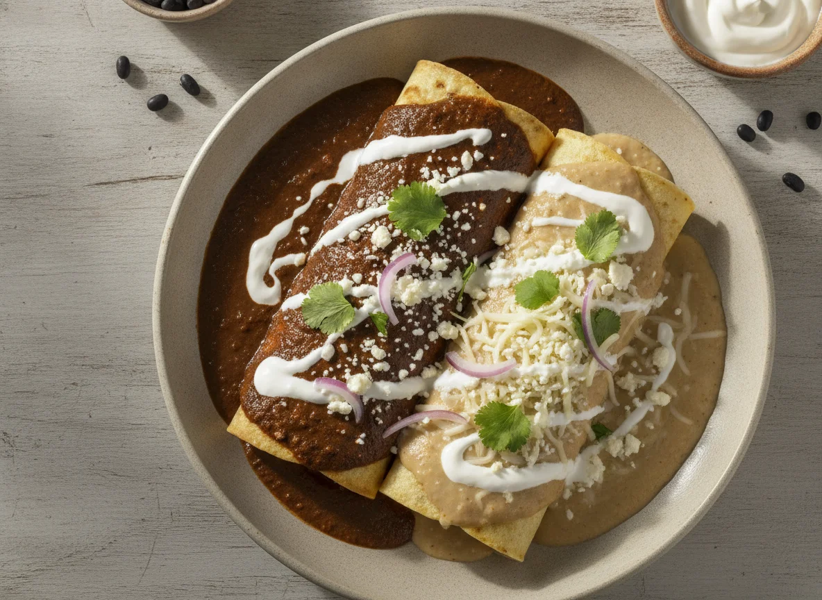 Enchiladas con mole o frijoles y queso photo