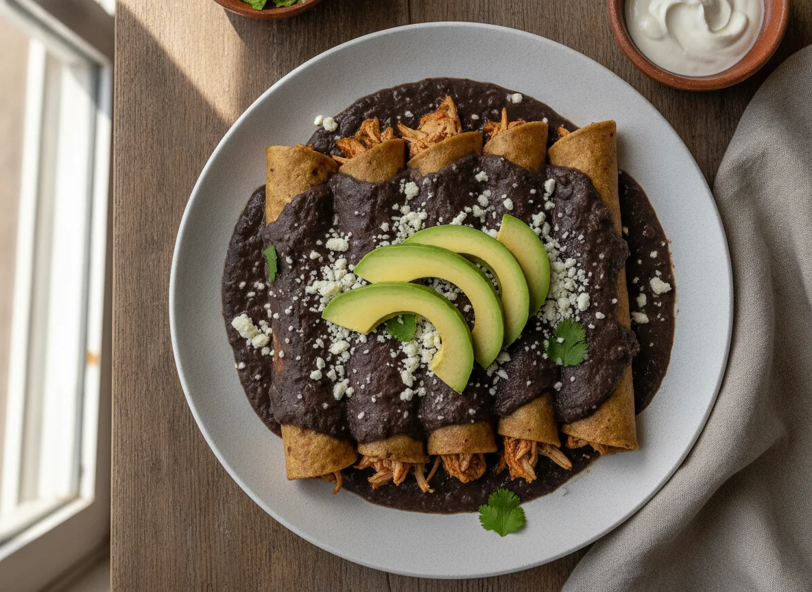 Enchiladas de frijol con pollo y aguacate photo