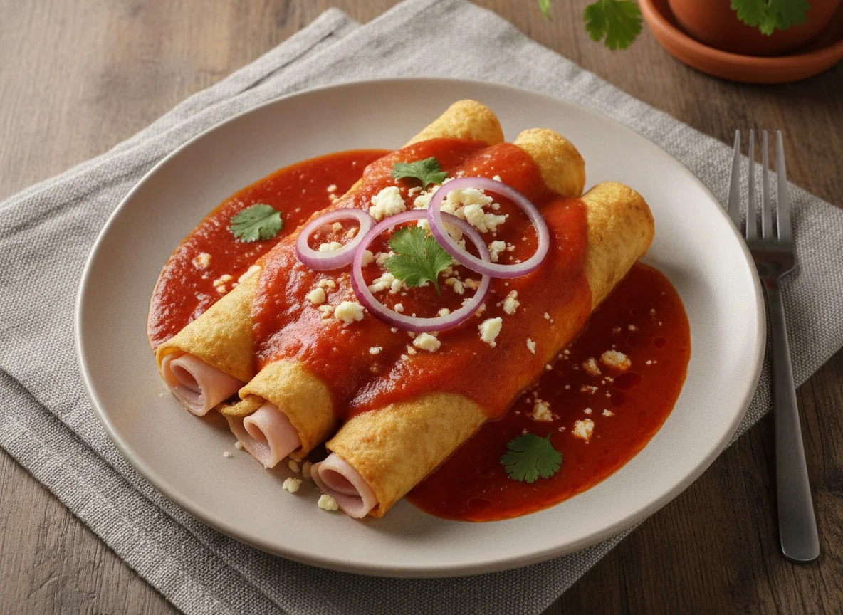 Enchiladas de jamón y queso en salsa roja photo