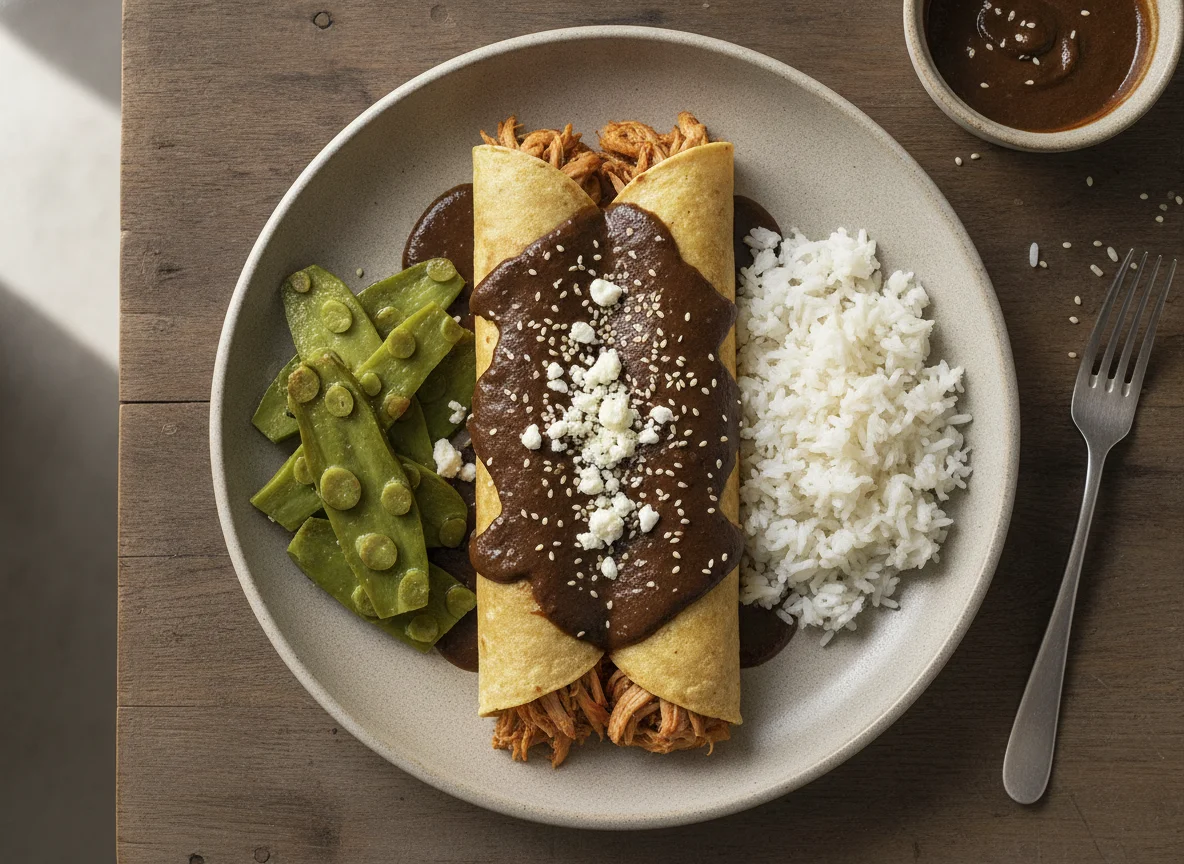 Enchiladas de mole con arroz y nopales photo